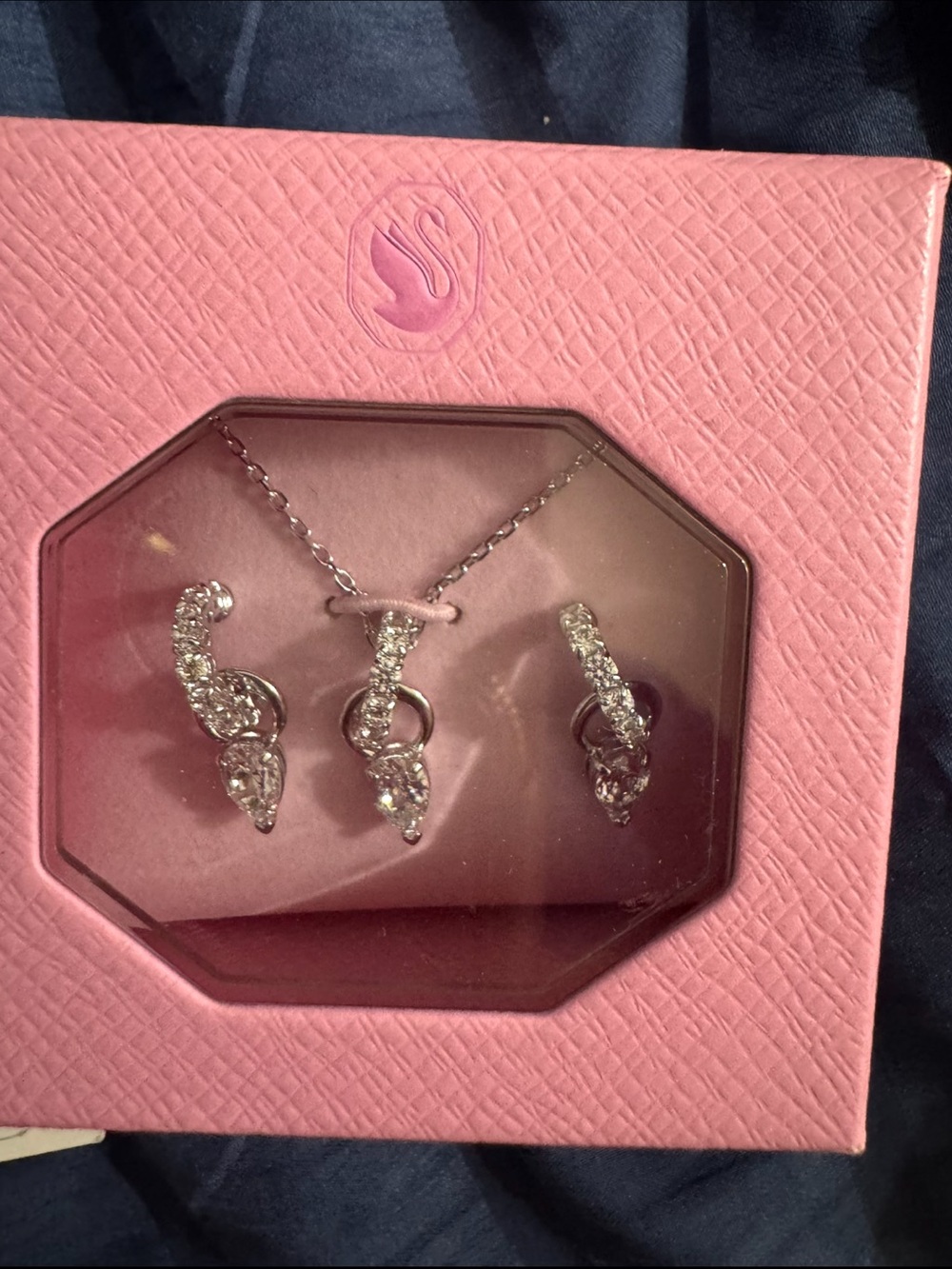 Swarovski Silver-Tone Clear Crystal Necklace & Earrings Set with Pink Box